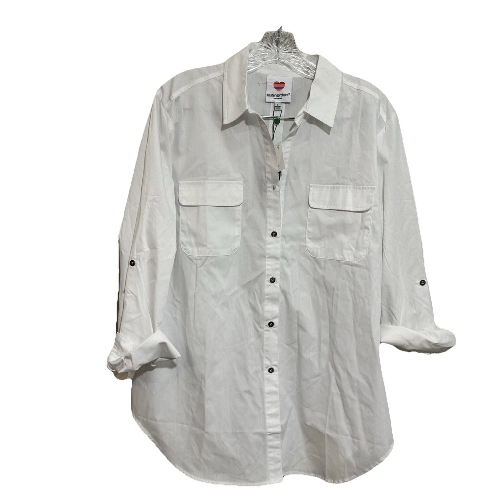 Hester Orchard White Long Sleeve Button Shirt Crochet Cuffs Womens Large NEW
